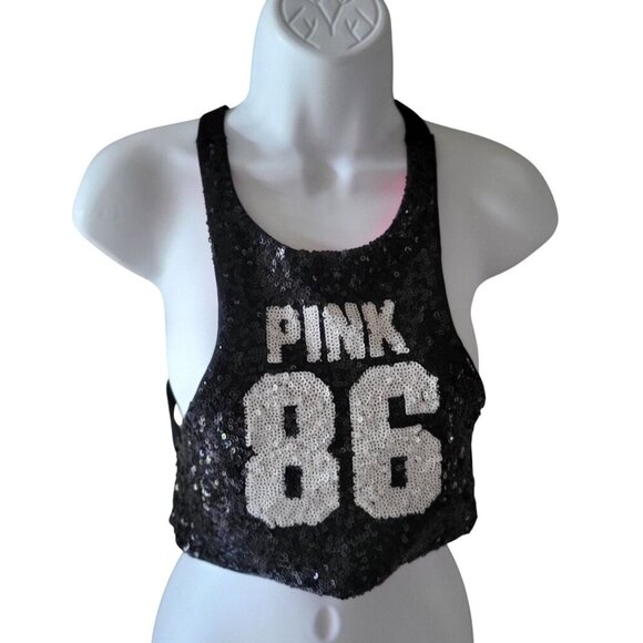 Victorias Secret Pink 86 Black Sequin Halter Racerback Crop Swim Top M - Picture 2 of 10